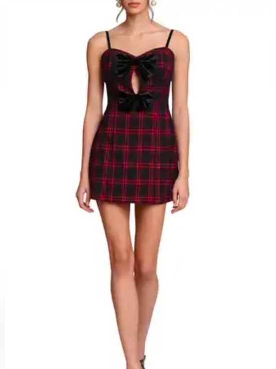 Avec Les Filles Dresses & Skirts - Avec Les Filles Red Plaid Bow-Front Mini Dress